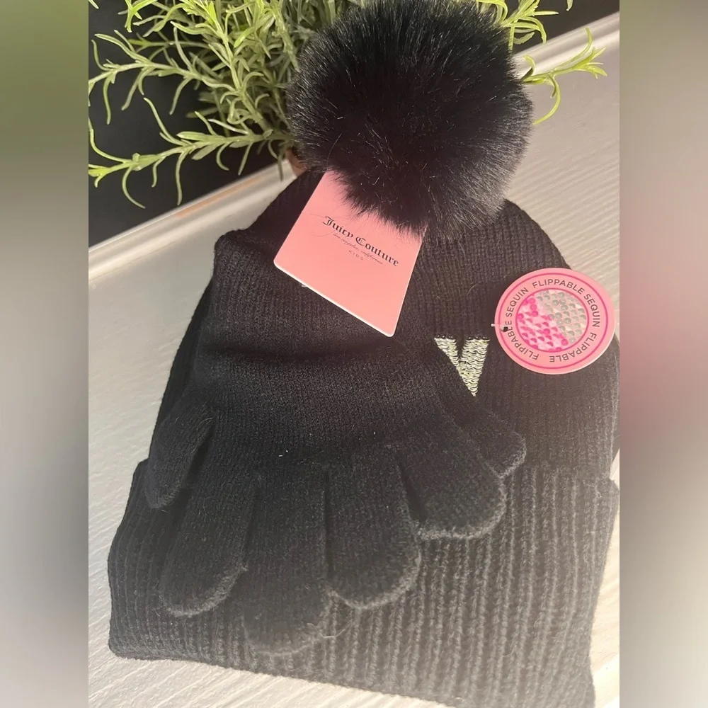 Juicy Couture Black Sequin JUICY Beanie & Gloves Winter Set Pom Hat NWT